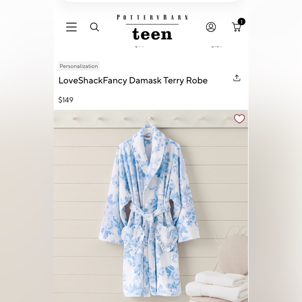 Pottery Barn Teen LoveShackFancy Blue Damask Terry Robe XXS/XS
